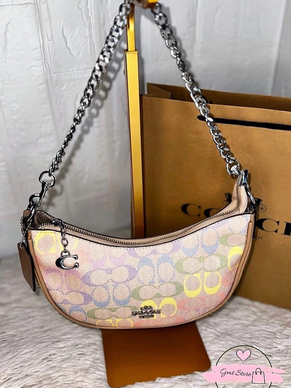 Coach Swinger Bag 20 With Chain In Crystal Signature Jacquard Pink & Yellow